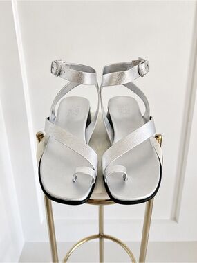 Silver Leather Ankle-Strap Toe Loop Sandals